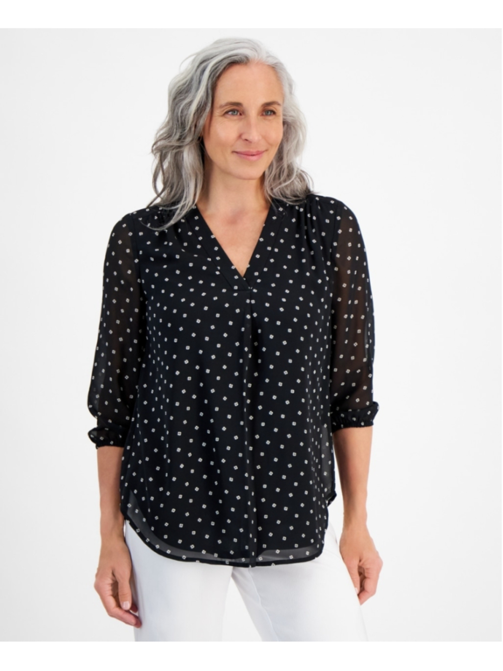 Jones New York Small Petite Black & White Printed V-Neck 3/4-Sleeves Blouse NWT